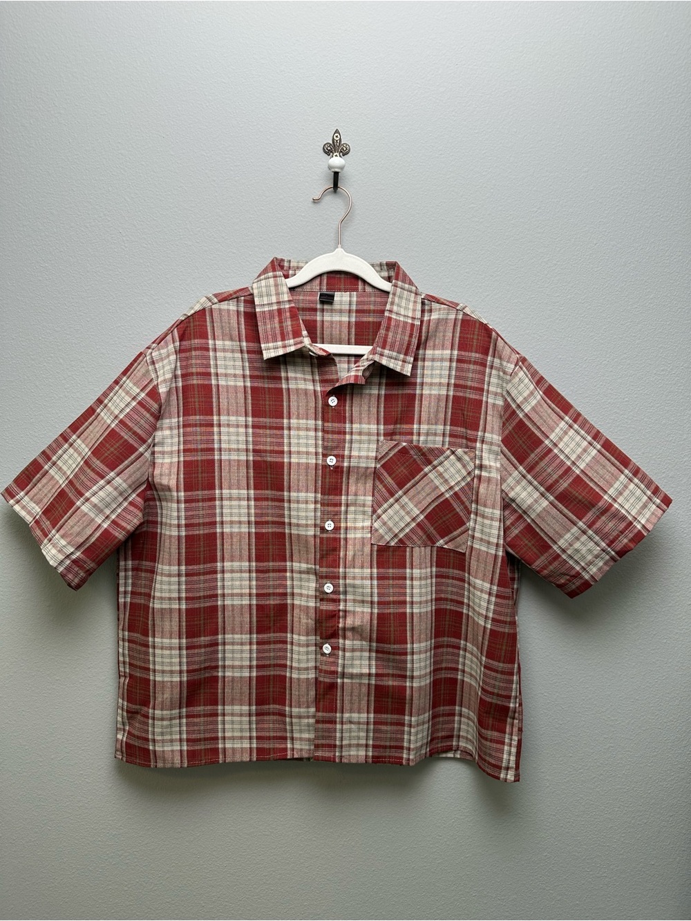 90s Red Plaid Short Sleeve Button Up Cropped Boxy Shirt Large